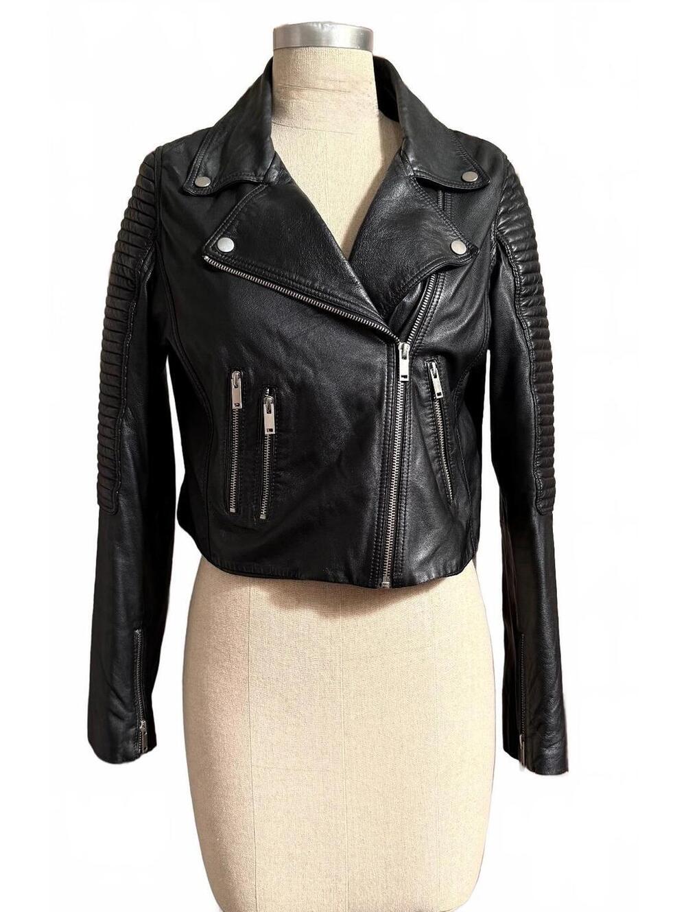 Sipos New York Basic Ribbed Lamb Leather Moto Jacket Black L $995
